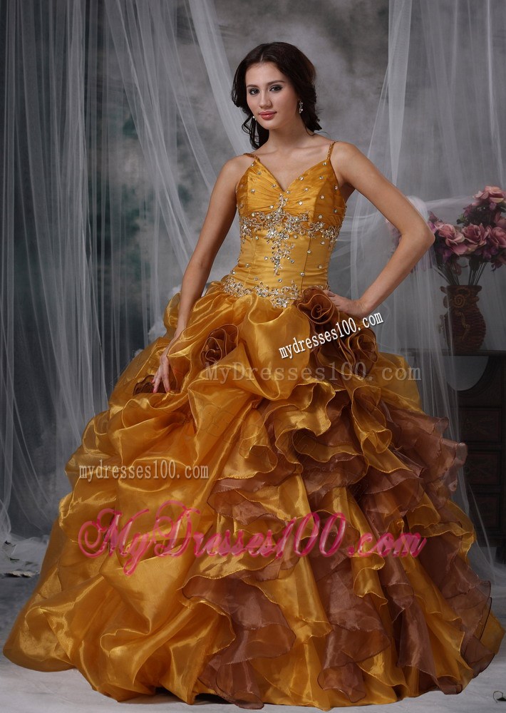 Brown Ball Gown Straps Beading and Appliques Quinceanera Dress Pick-ups